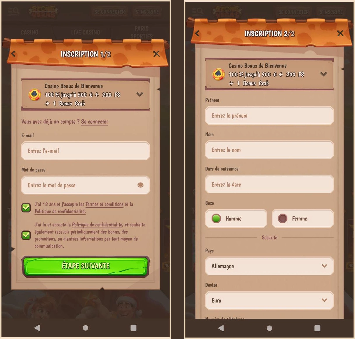 Screenshot des Stone Vegas Registrierungsformulars auf einer Webseite