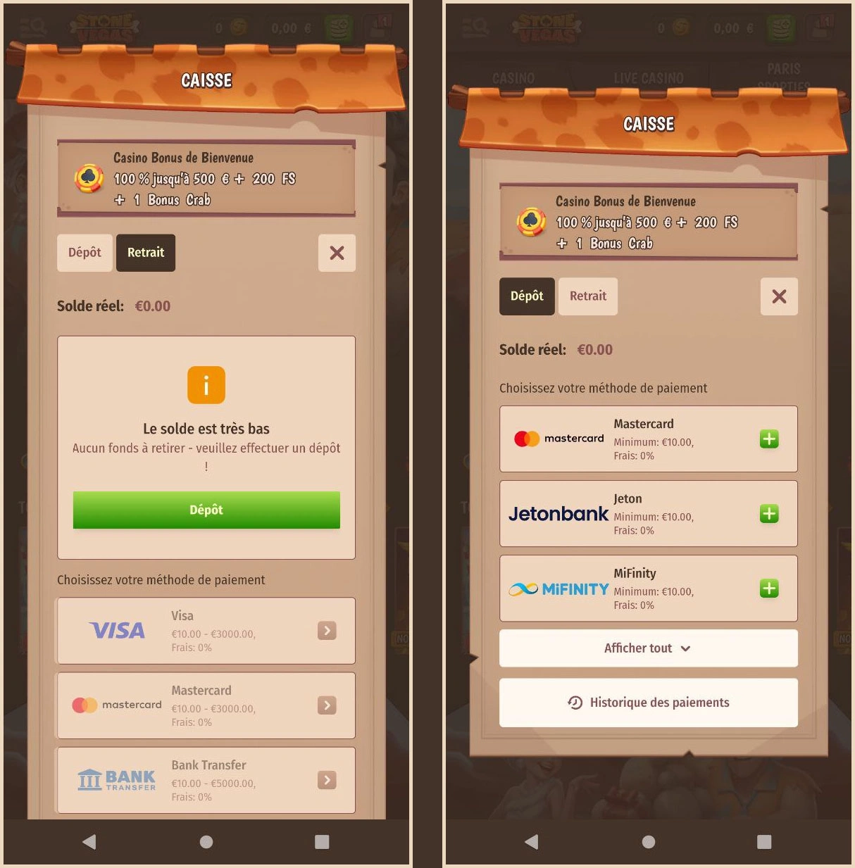Méthodes de paiement disponibles sur Stonevegas Casino